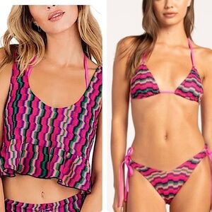 HURLEY Zumba Stripe Itsy Bitsy Bikini Set Electric Pink Knit Large Crop Top